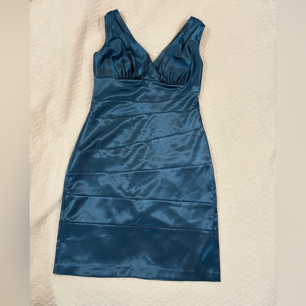 Elegant Blue Teal Satin Dress with Ruching